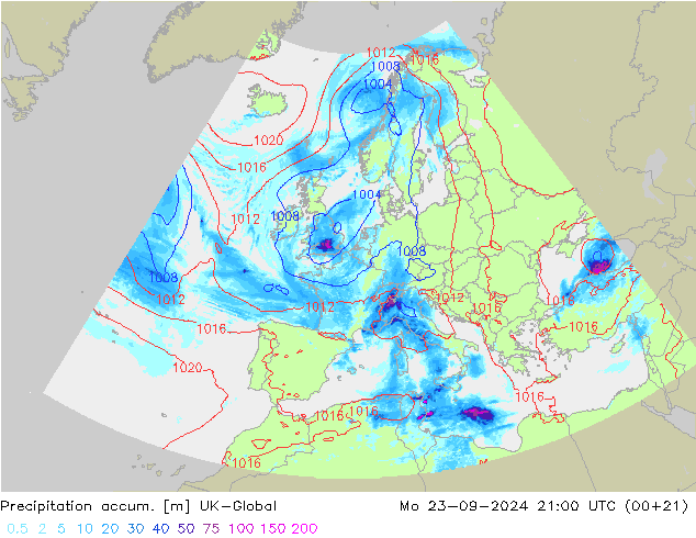 Precipitation accum. UK-Global Mo 23.09.2024 21 UTC