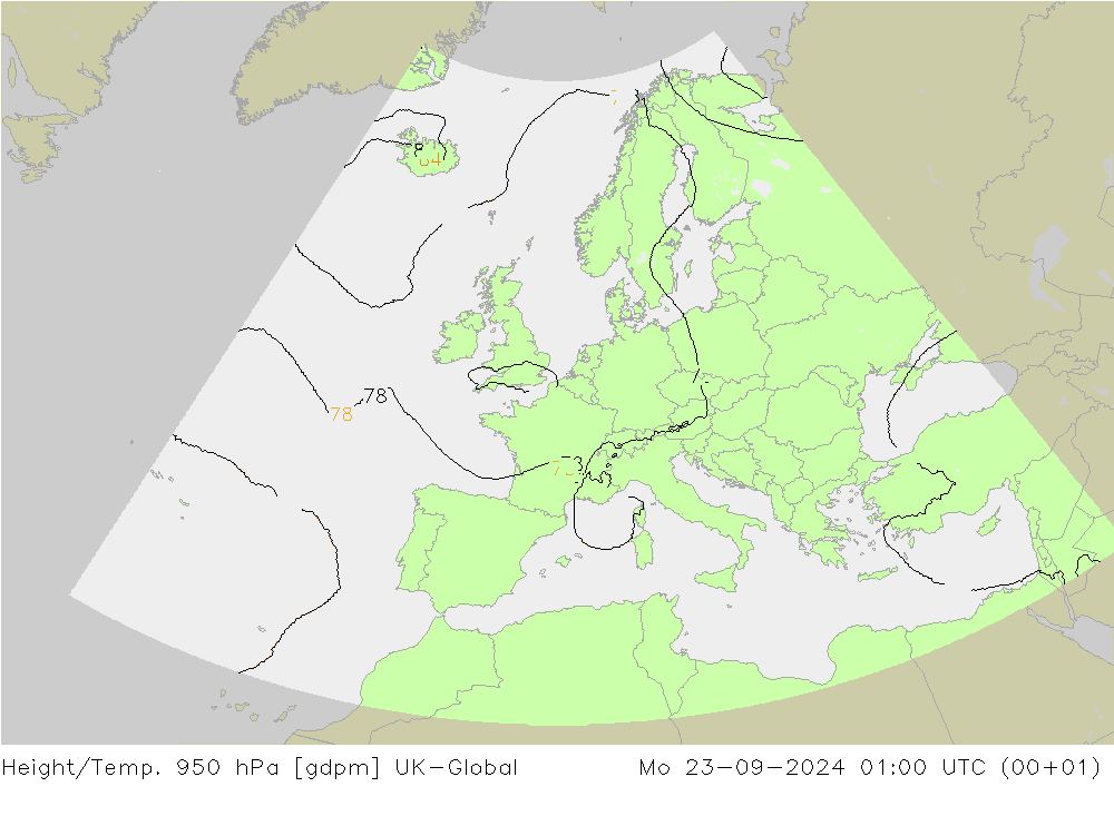 Height/Temp. 950 hPa UK-Global Mo 23.09.2024 01 UTC