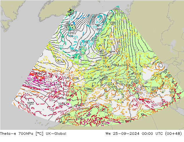 Theta-e 700hPa UK-Global  25.09.2024 00 UTC