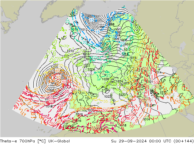 Theta-e 700hPa UK-Global dim 29.09.2024 00 UTC