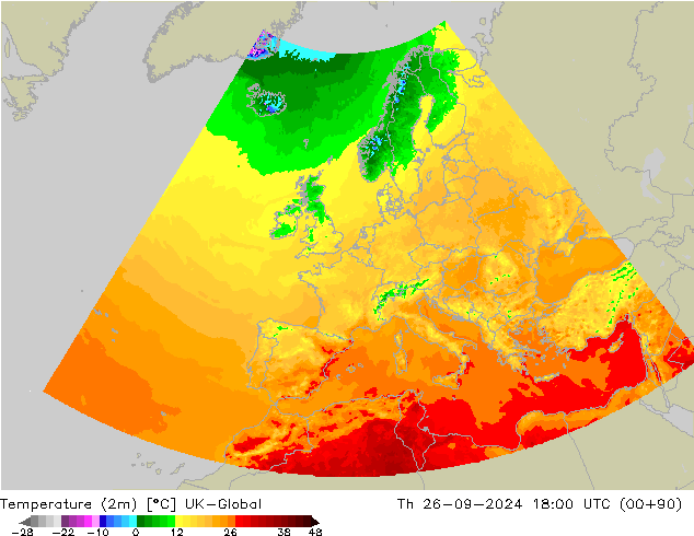 Temperatuurkaart (2m) UK-Global do 26.09.2024 18 UTC