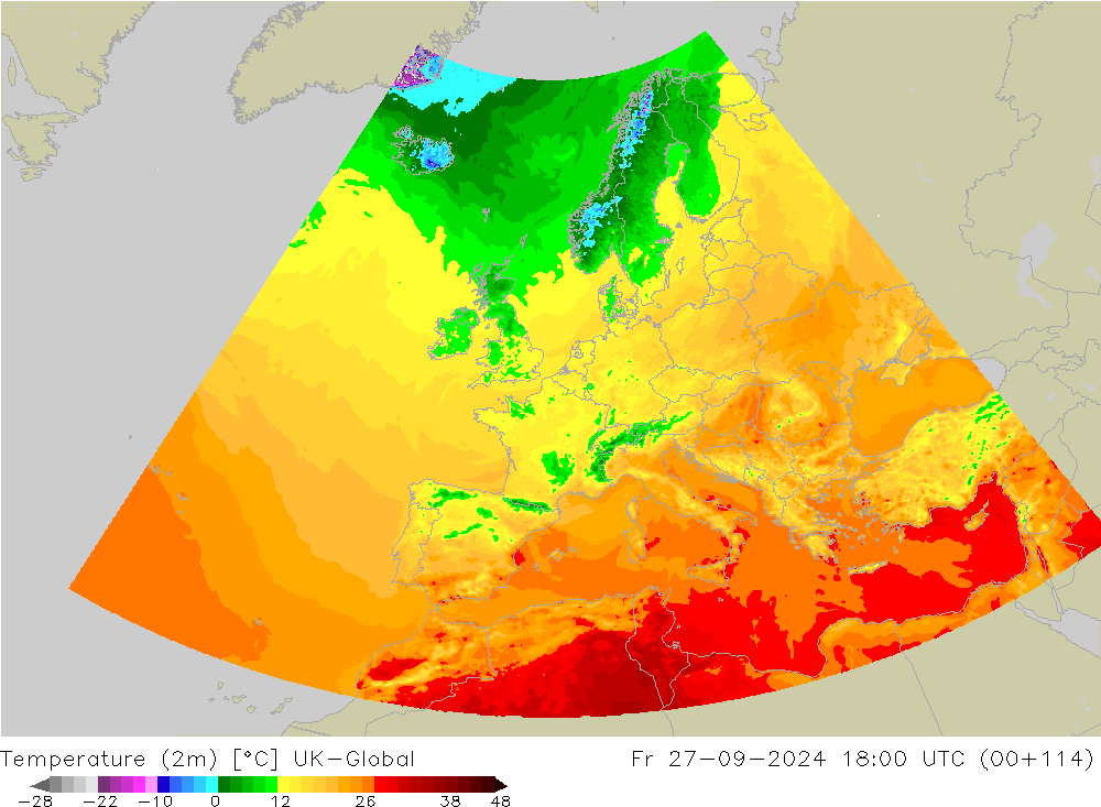 Temperature (2m) UK-Global Fr 27.09.2024 18 UTC