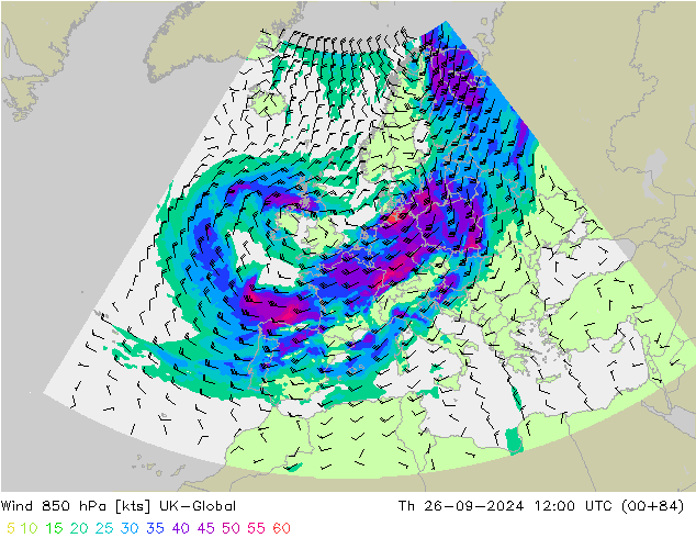 Rüzgar 850 hPa UK-Global Per 26.09.2024 12 UTC