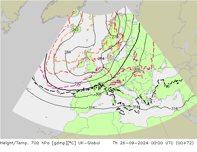 Height/Temp. 700 hPa UK-Global Čt 26.09.2024 00 UTC