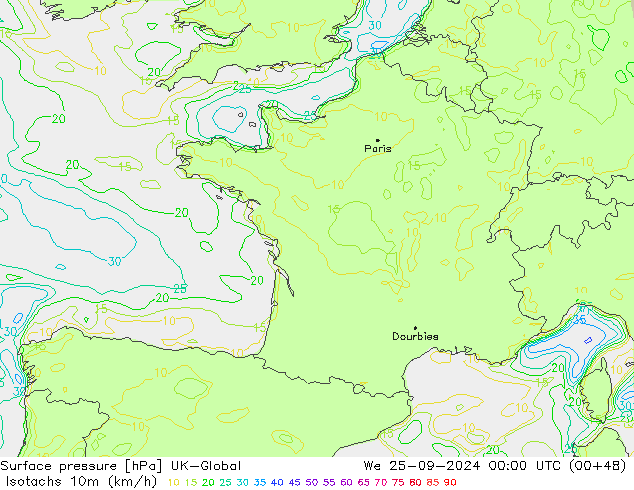 Isotachs (kph) UK-Global ср 25.09.2024 00 UTC