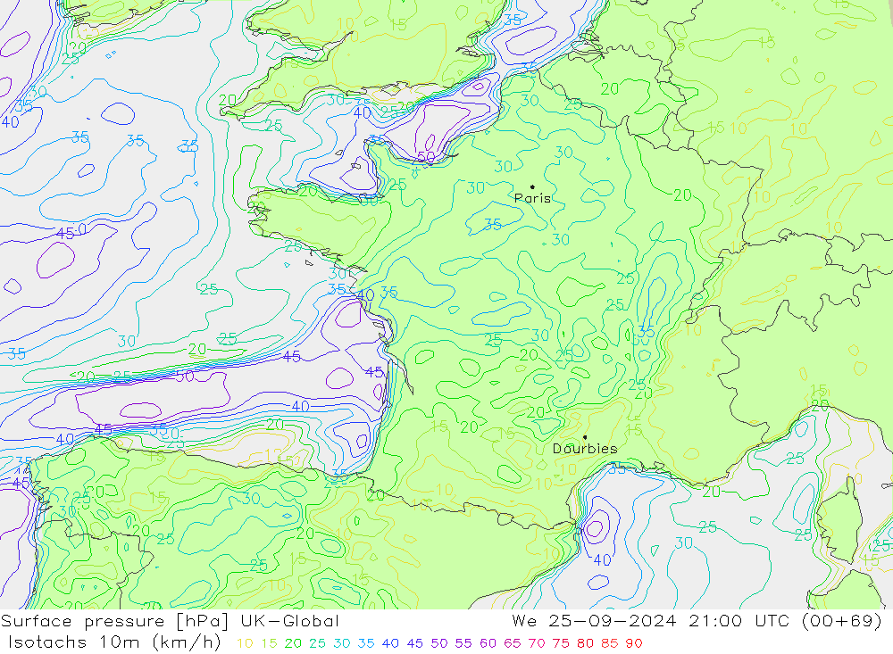 Isotaca (kph) UK-Global mié 25.09.2024 21 UTC