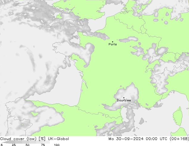 Cloud cover (low) UK-Global Mo 30.09.2024 00 UTC