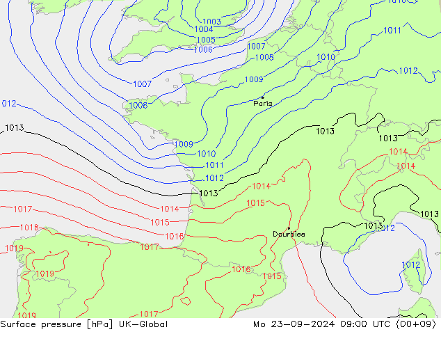 Surface pressure UK-Global Mo 23.09.2024 09 UTC