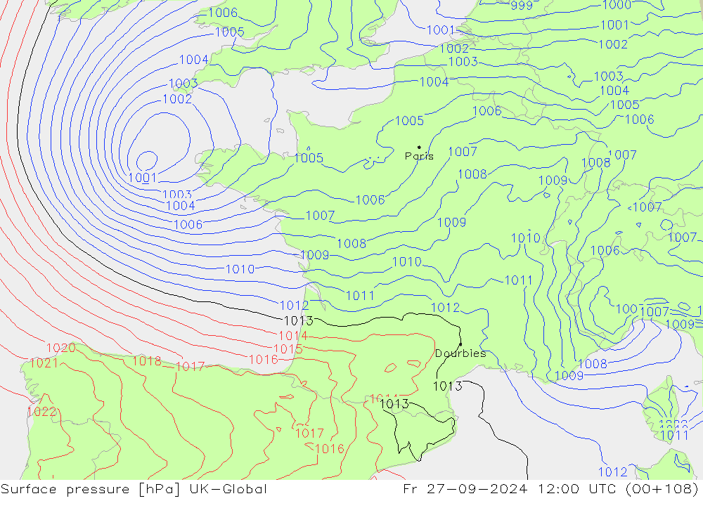 Surface pressure UK-Global Fr 27.09.2024 12 UTC