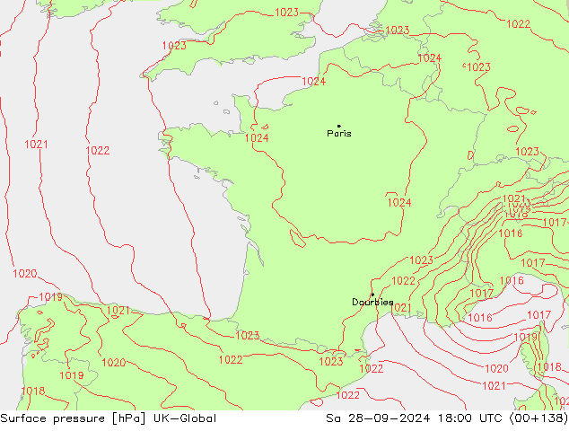 Surface pressure UK-Global Sa 28.09.2024 18 UTC