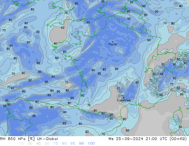 RH 850 hPa UK-Global We 25.09.2024 21 UTC