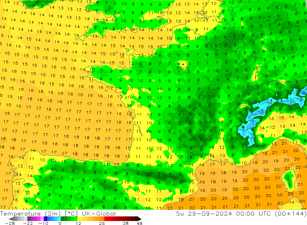 Temperature (2m) UK-Global Ne 29.09.2024 00 UTC