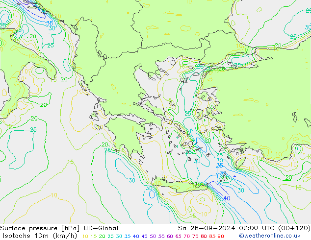 Isotachs (kph) UK-Global сб 28.09.2024 00 UTC