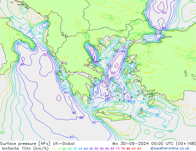 Isotachs (kph) UK-Global lun 30.09.2024 00 UTC