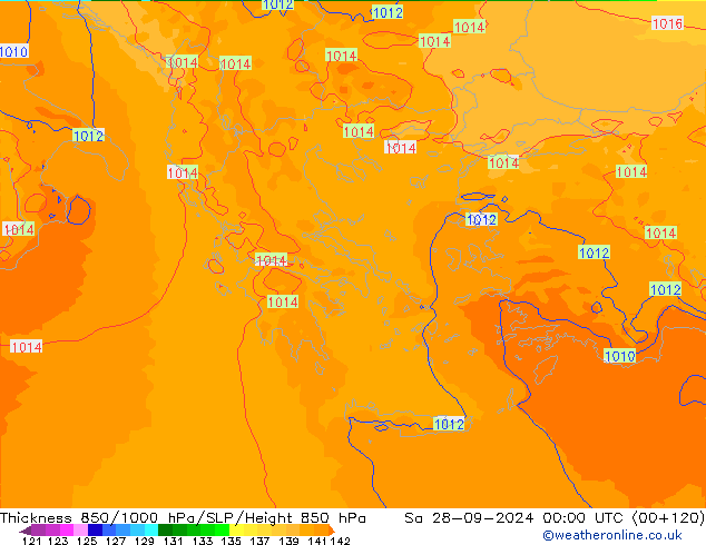 Espesor 850-1000 hPa UK-Global sáb 28.09.2024 00 UTC