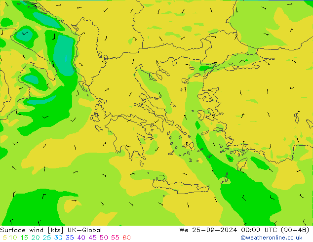 Vento 10 m UK-Global mer 25.09.2024 00 UTC