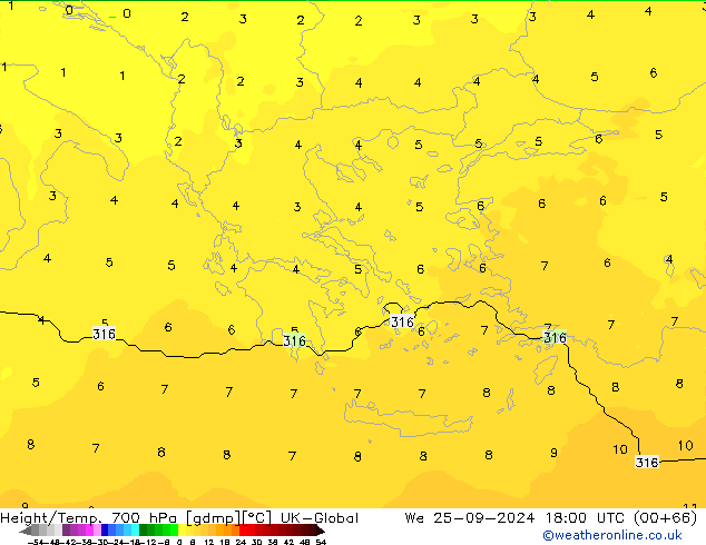 Height/Temp. 700 hPa UK-Global We 25.09.2024 18 UTC