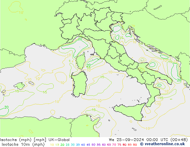 Izotacha (mph) UK-Global śro. 25.09.2024 00 UTC