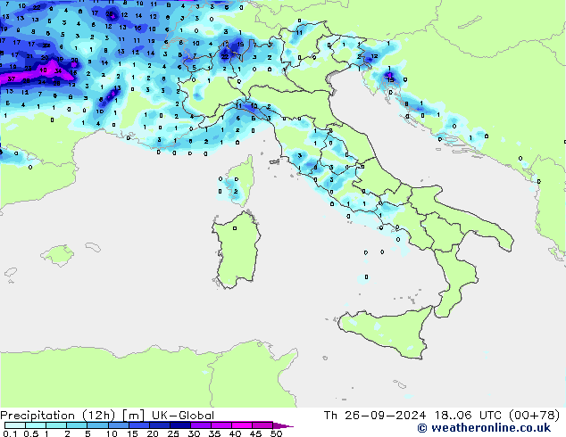 Precipitation (12h) UK-Global Th 26.09.2024 06 UTC