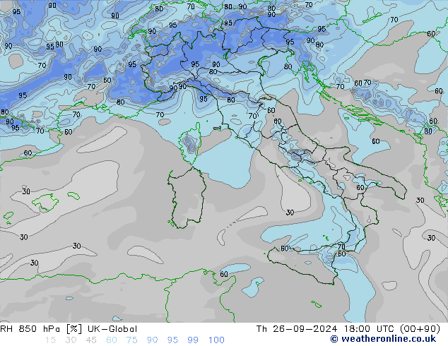 RH 850 hPa UK-Global Do 26.09.2024 18 UTC