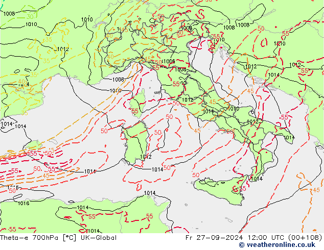 Theta-e 700hPa UK-Global Fr 27.09.2024 12 UTC
