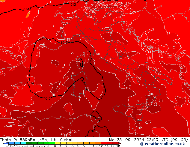 Theta-W 850hPa UK-Global Pzt 23.09.2024 03 UTC