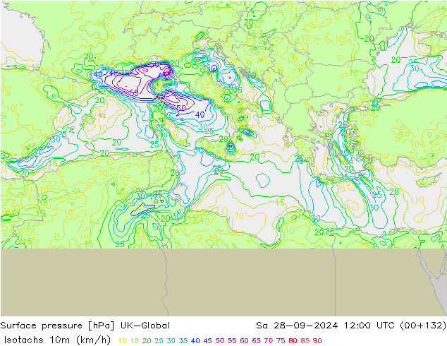 Isotaca (kph) UK-Global sáb 28.09.2024 12 UTC