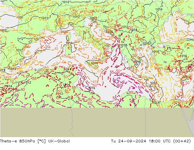 Theta-e 850hPa UK-Global Tu 24.09.2024 18 UTC