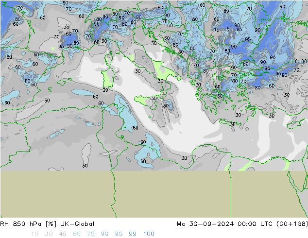 RH 850 hPa UK-Global lun 30.09.2024 00 UTC