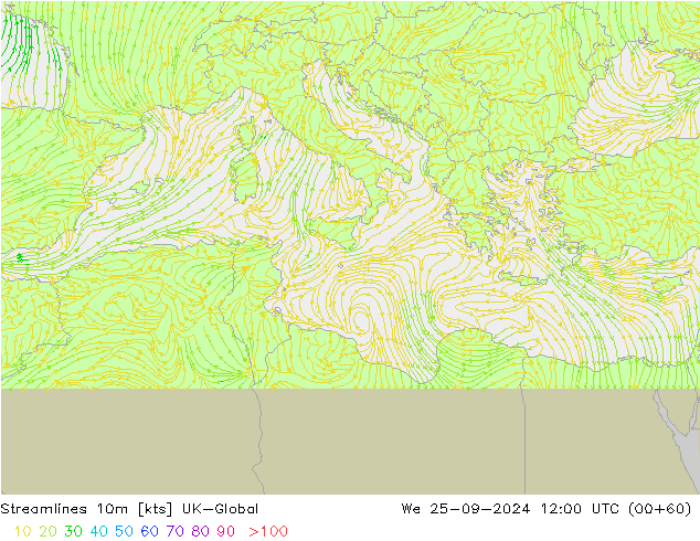 Streamlines 10m UK-Global We 25.09.2024 12 UTC