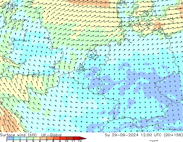 Surface wind (bft) UK-Global Su 29.09.2024 12 UTC