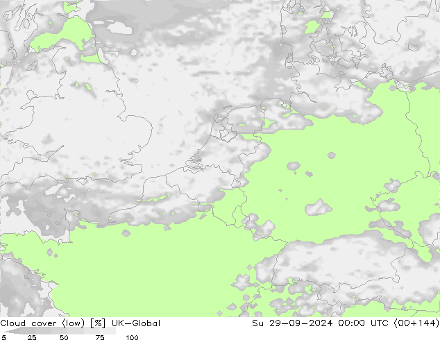 Cloud cover (low) UK-Global Su 29.09.2024 00 UTC