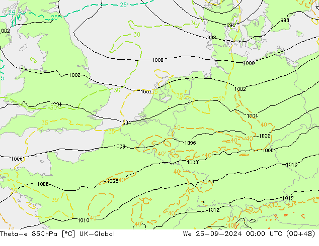 Theta-e 850hPa UK-Global mer 25.09.2024 00 UTC