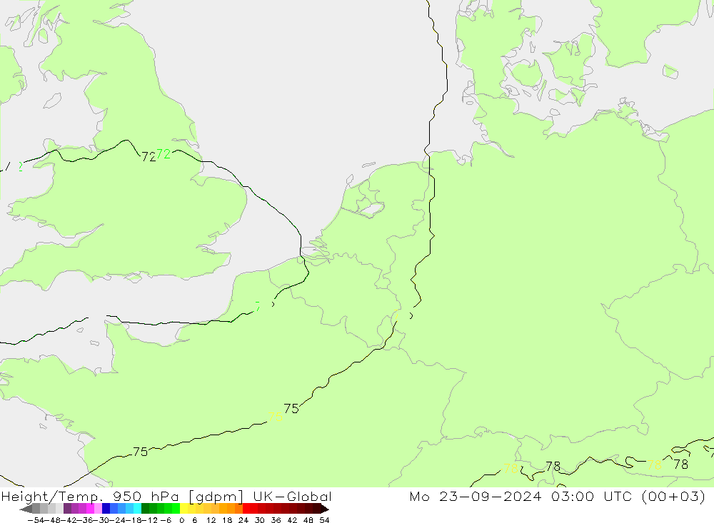 Hoogte/Temp. 950 hPa UK-Global ma 23.09.2024 03 UTC