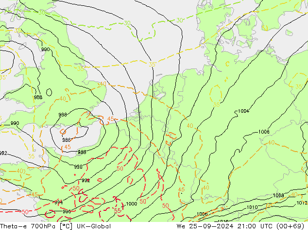 Theta-e 700hPa UK-Global We 25.09.2024 21 UTC