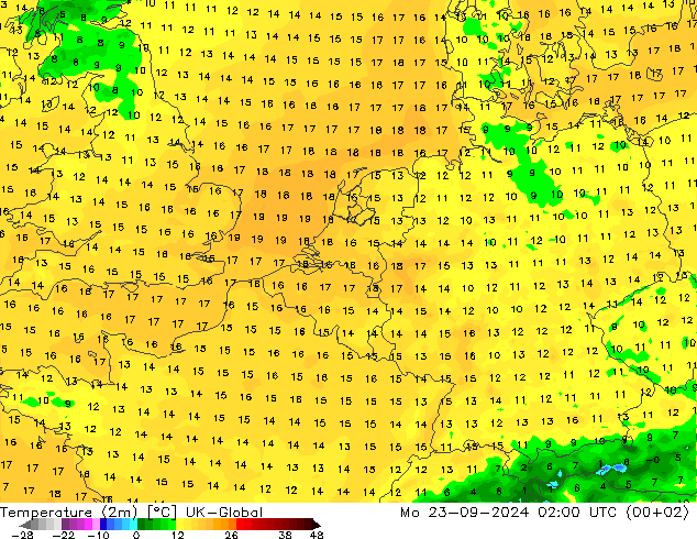 température (2m) UK-Global lun 23.09.2024 02 UTC
