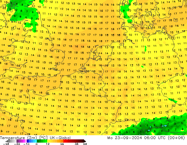 Temperatuurkaart (2m) UK-Global ma 23.09.2024 06 UTC