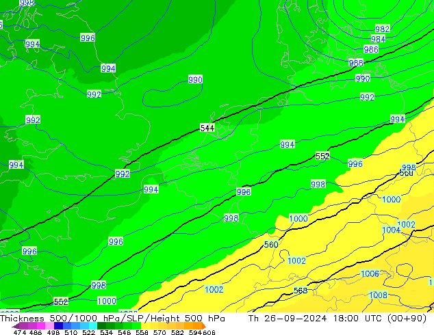 Espesor 500-1000 hPa UK-Global jue 26.09.2024 18 UTC