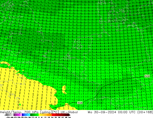 Height/Temp. 700 hPa UK-Global Mo 30.09.2024 00 UTC