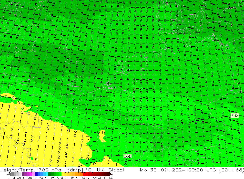 Height/Temp. 700 hPa UK-Global Po 30.09.2024 00 UTC