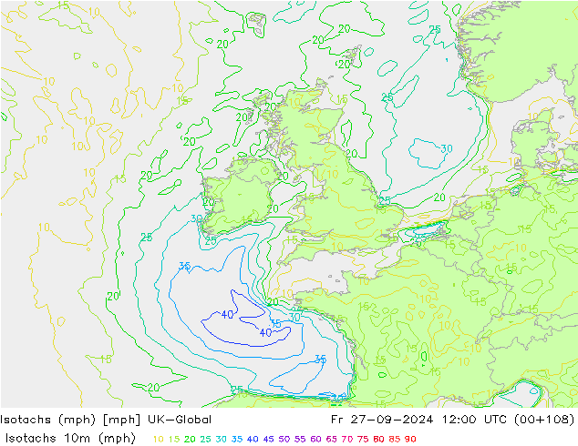 Isotachen (mph) UK-Global vr 27.09.2024 12 UTC