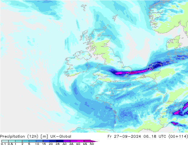 Totale neerslag (12h) UK-Global vr 27.09.2024 18 UTC