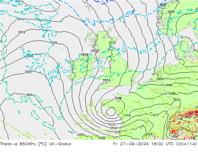 Theta-e 850hPa UK-Global vie 27.09.2024 18 UTC