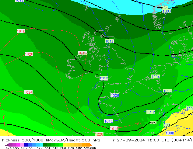 Espesor 500-1000 hPa UK-Global vie 27.09.2024 18 UTC