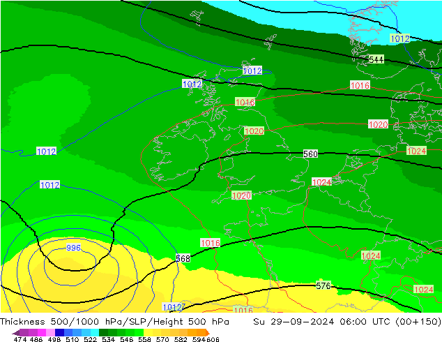 Dikte 500-1000hPa UK-Global zo 29.09.2024 06 UTC