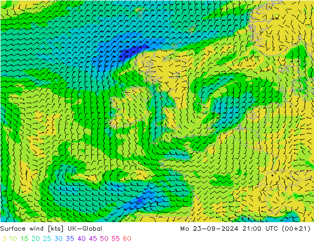 Vent 10 m UK-Global lun 23.09.2024 21 UTC