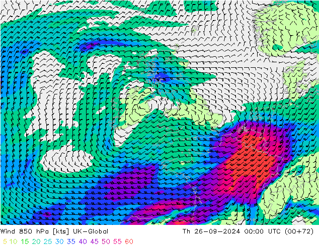 Wind 850 hPa UK-Global Th 26.09.2024 00 UTC