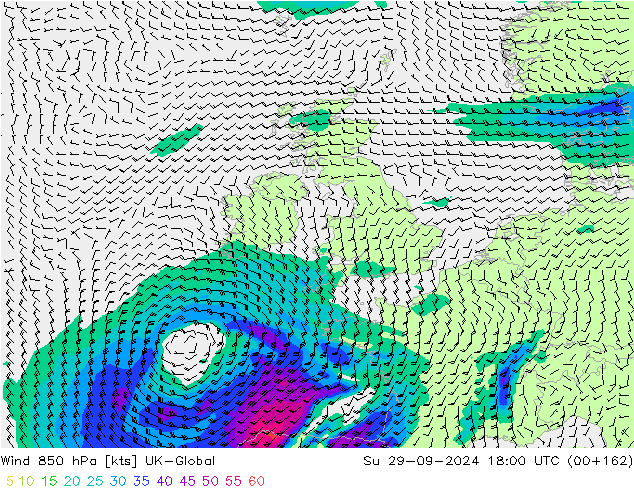 Wind 850 hPa UK-Global Su 29.09.2024 18 UTC