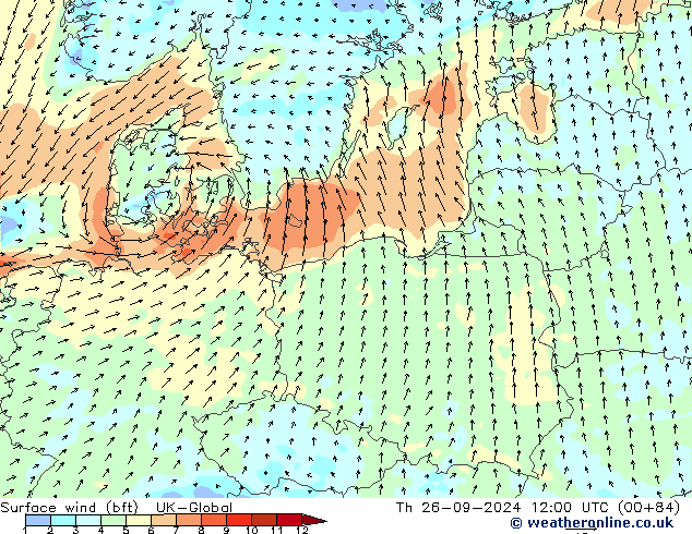 wiatr 10 m (bft) UK-Global czw. 26.09.2024 12 UTC