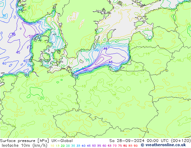 Isotachs (kph) UK-Global Sáb 28.09.2024 00 UTC